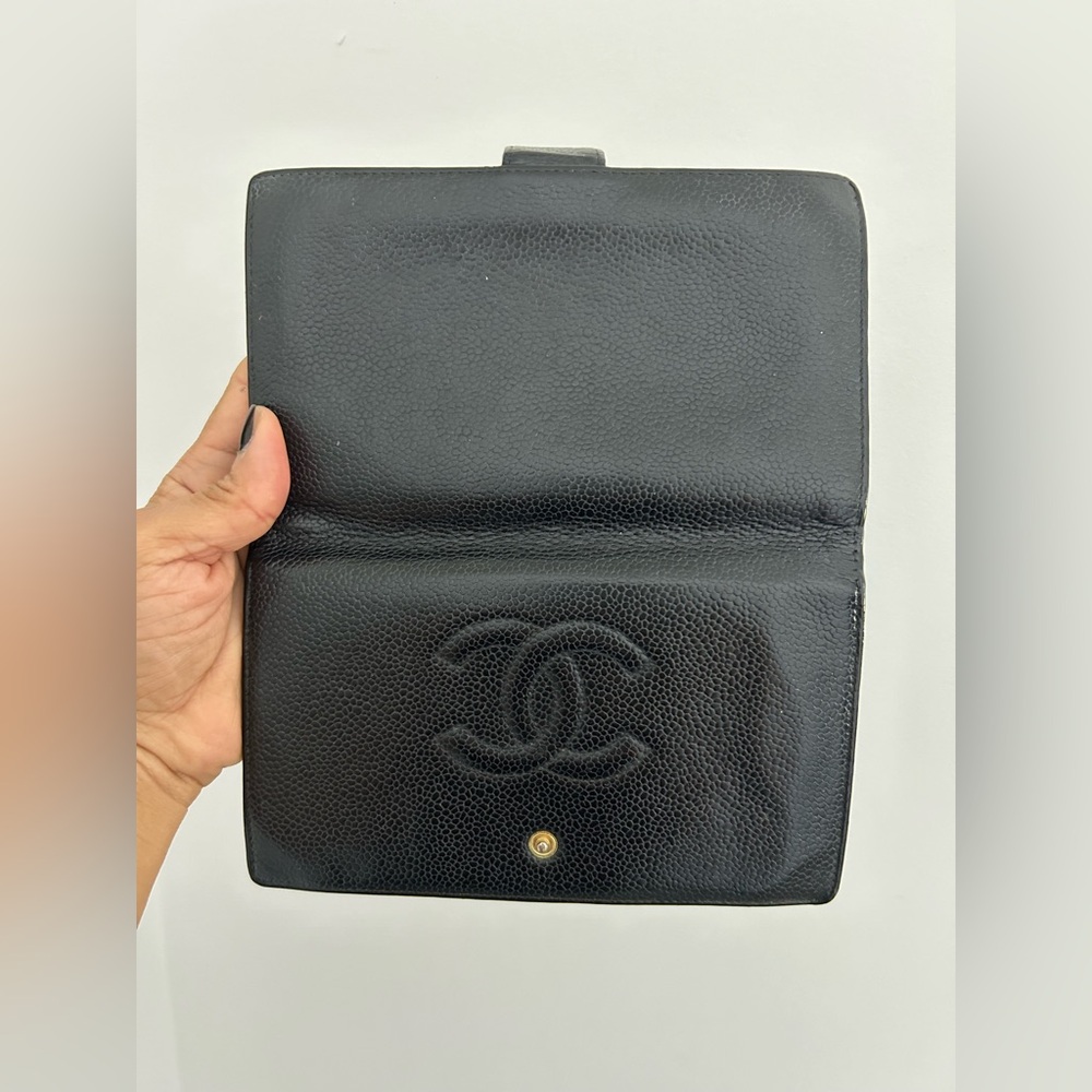 Vintage CHANEL CC Caviar Skin Leather Bifold Long Wallet Black Authentic - Picture 6 of 17